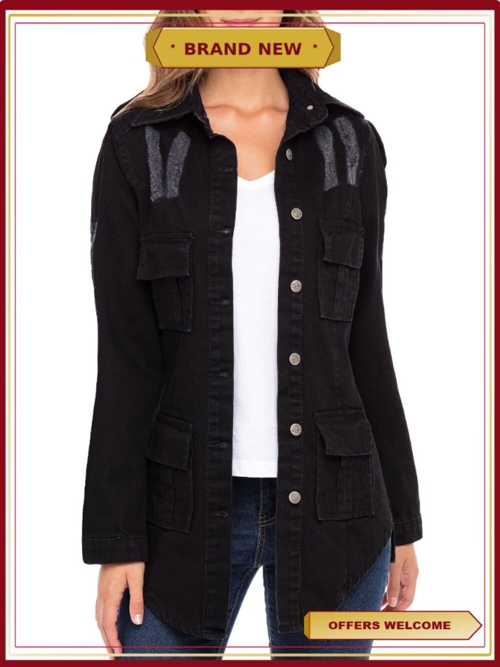 Women's Casual Slim Distressed Long Sleeve Denim Lapel Jacket Button Closure